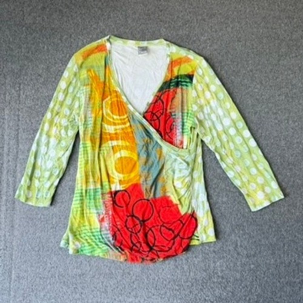 Dolcezza Simply Art Womens Abstract Print Wrap V-Neck 3/4 Sleeve Top Large Multi